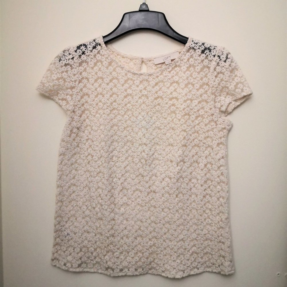 Ann Taylor LOFT Floral Embroidered Sheer Top‎ Off White Color Size M